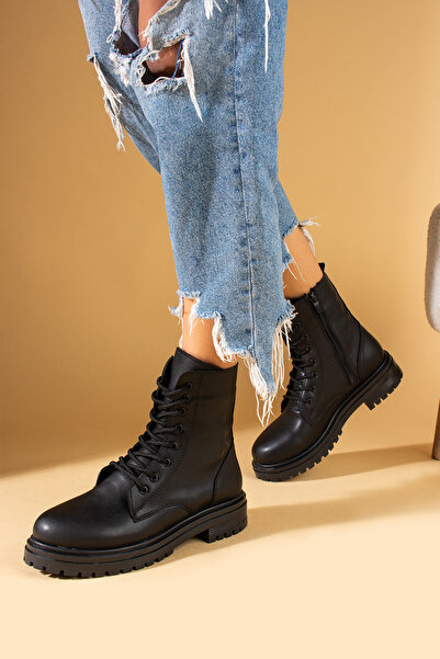 Pembe Potin Kadın Siyah Poli Taban Fermuarlı Günlük Rahat Kalıp İçi Sıcak Astarlı Bot Postal