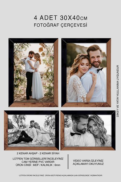 bymat 30X40 Mdf A3 4 Pieces Photo Frame - Wooden Black 2 Color Frame