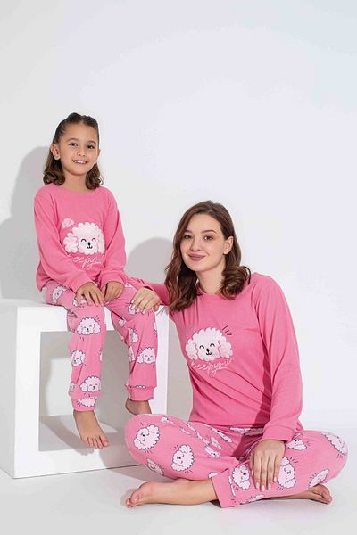 Tarık Women's Pink Dog Patterned Mother and Daughter Combination Thermal Winter Warm Soft Pajamas Set