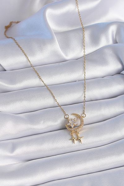 Store 316L سلسلة الصلب الذهب اللون الزركون حجر الهلال نموذج نجمة التفاصيل قلادة المرأة