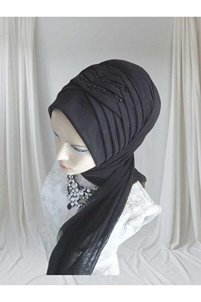 NurAy TURBAN جاهز أسود مع تفاصيل الترتر، شال جاهز، شال جاهز