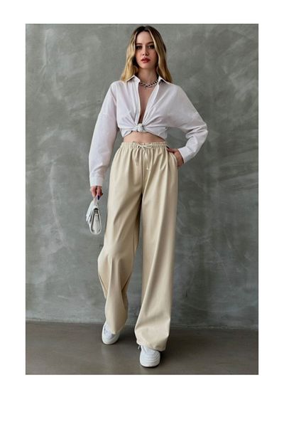 BEES JEANS Women's High Waist Stone Leather Palazzo Trousers