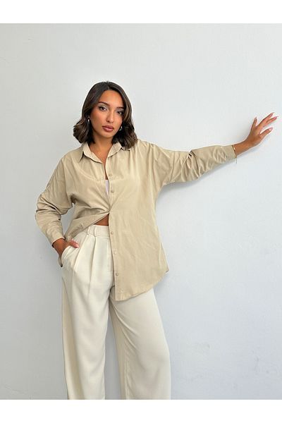 BEJNA Cremefarbenes, übergroßes, langes Basic-Shirt für Damen