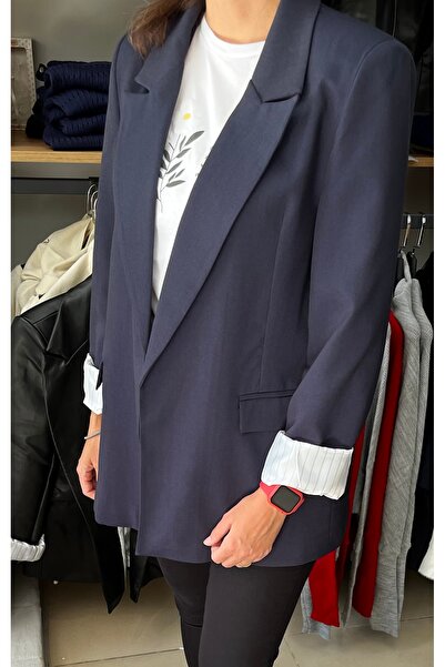 Marka Düğmesiz Kolları Katlamalı Geniş Kesim/Oversize Blazer Ceket