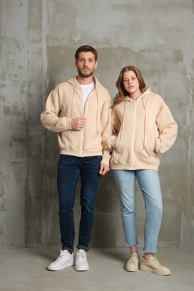 FASİON Unisex Basic Zippered Hooded Unprinted Plain 3 Thread Raised Inside Cotton Oversize Sweatshirt Cardigan