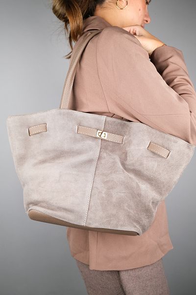 LuviShoes Geantă de umăr pentru femei, din piele de căprioară, bej închis