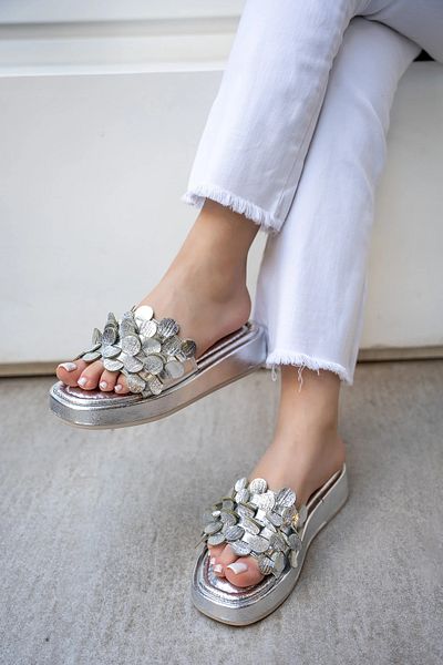 LAMİNTA 4cm Tassel Detailed Manje Silver Women's Slippers - Special Thick Sole