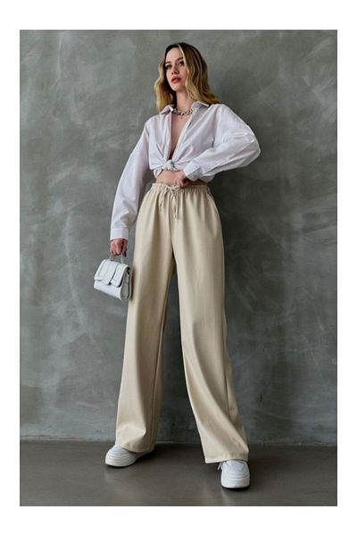 BEES JEANS Women's High Waist Stone Leather Palazzo Trousers