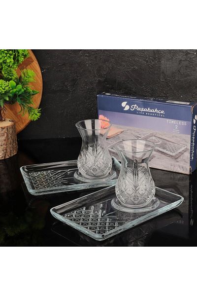 Paşabahçe Timeless 42881 Tea Cup and 54851 Presented Tea Plate Set for 6 People