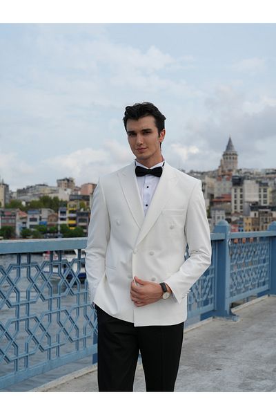 LONATOLİA Men's Slim Fit Italian Style Tuxedo - Peaked Collar Groom Suit Jacket and Pants with Bow Tie-White