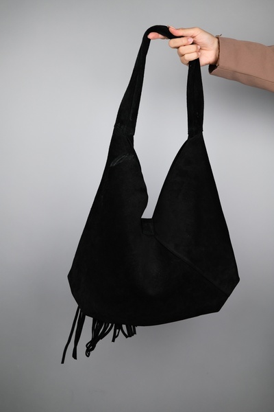 LuviShoes ROSALIN fekete valódi velúr bőr bojtos női válltáska