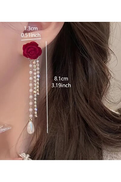 ER TAKI Gold Renkli Uzun Taşlı ve İnci Sallantılı Şık Bordo Kadife Çiçek Nişan Kına Düğün Abiye Küpe