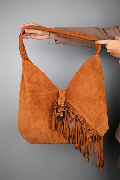 LuviShoes Rosalin Tan Genuine Suede Leather Tasseled Women's Shoulder Bag