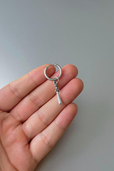 TakıConcept Unisex Gümüş Kılıç Figürlü Sallantılı Çelik Halka Küpe