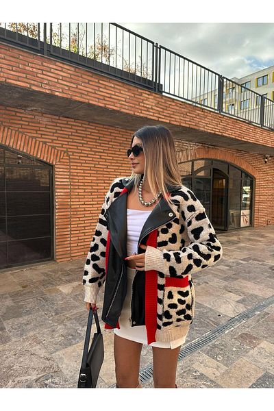 Lady Pixie Jachetă leopard cu detalii din piele