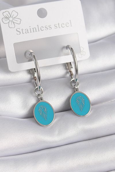Mu Art Ahşap 316L Steel Silver Color Hoop Model Blue Embroidered Detail Women's Earrings
