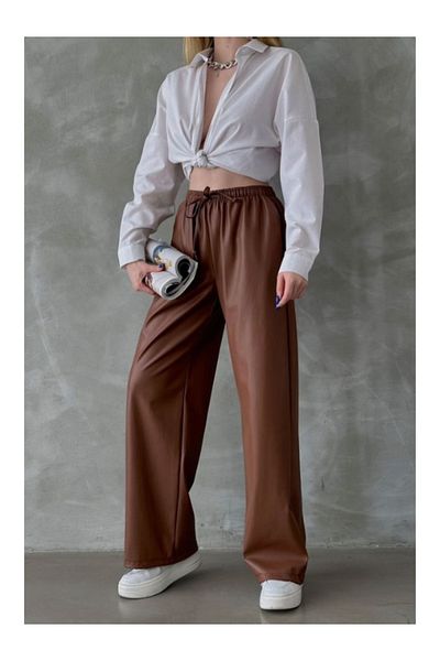 BEES JEANS Women's High Waist Tan Leather Palazzo Trousers