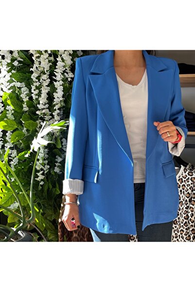 Marka Düğmesiz Kolları Katlamalı Geniş Kesim/Oversize Blazer Ceket