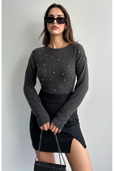 Bir Stone Embroidered Crew Neck Blouse - Anthracite