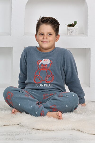KAPİKİDS Erkek Çocuk Bisiklet Yakalı Ayıcıklı Yumuşak, Kışlık Aplike Nakışlı Petrol Renk Polar Pijama Takımı