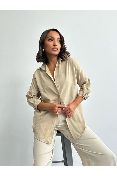 BEJNA Cremefarbenes, übergroßes, langes Basic-Shirt für Damen