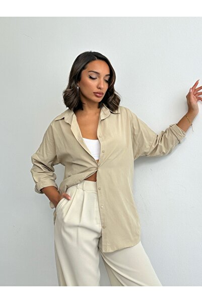 BEJNA Γυναικείο Κρεμ Oversize Μακρύ Βασικό Πουκάμισο