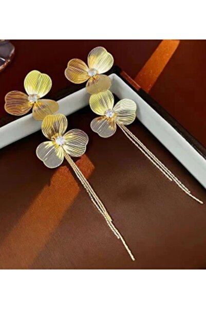 ER TAKI Gold Renkli Taşlı Uzun Şık Gösterişli Büyük Çiçekli Püskül Nişan Kına Düğün Abiye Küpe