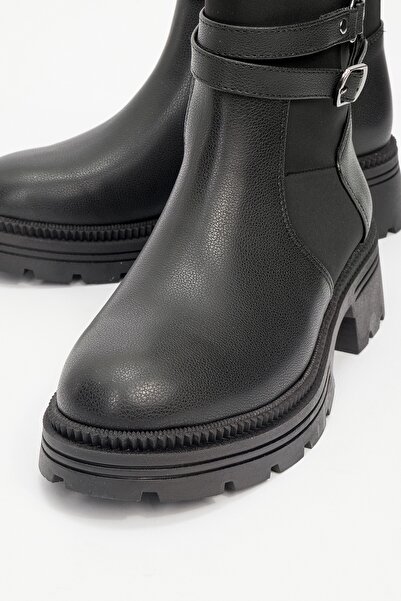 LuviShoes ELENA Siyah Cilt Scuba Kemerli Kadın Düz Bot