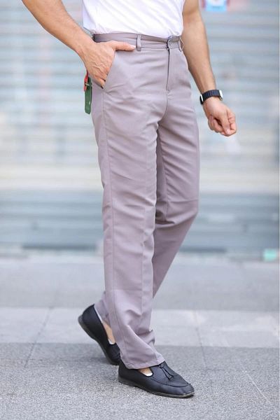 PHANTOM JEANS Μπεζ λινό Polyviscon Dad Παντελόνι - Classic Cut, Πλαϊνές τσέπες, Εποχιακό