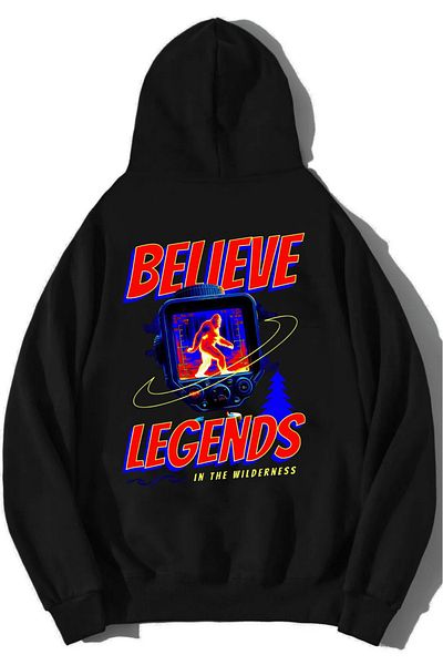 DEEPSENCE Believe Printed Unisex Black Oversize Hooded Sweatshirt