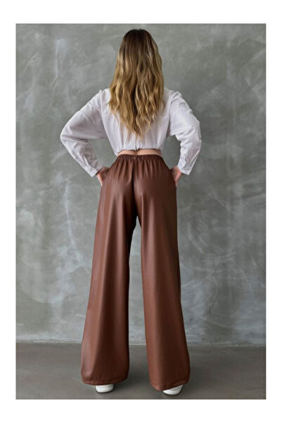 BEES JEANS Kadın Yüksek Bel Taba Deri Palazzo Pantolon