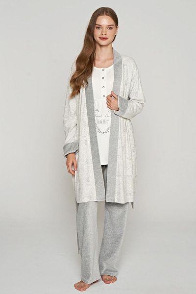 Feyza Women's 3-Piece Velvet Jacquard Gray Maternity Set with Dressing Gown C2T0N1O5