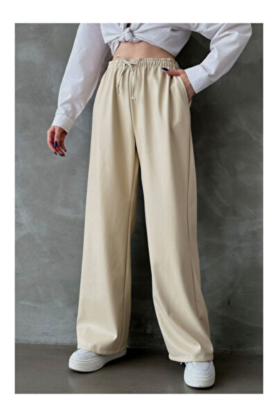 BEES JEANS Kadın Yüksek Bel Taş Deri Palazzo Pantolon
