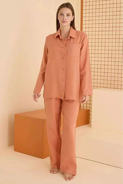 NBB 100% Cotton Special Muslin Fabric Buttoned Front Solid Color Pocket Pajamas Set