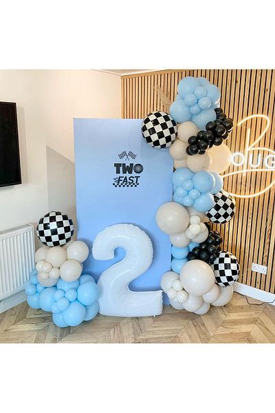 eğlencemarketi Pastel Black Blue White - 100 Pcs and 4 Pcs Checkered Macarons Balloon