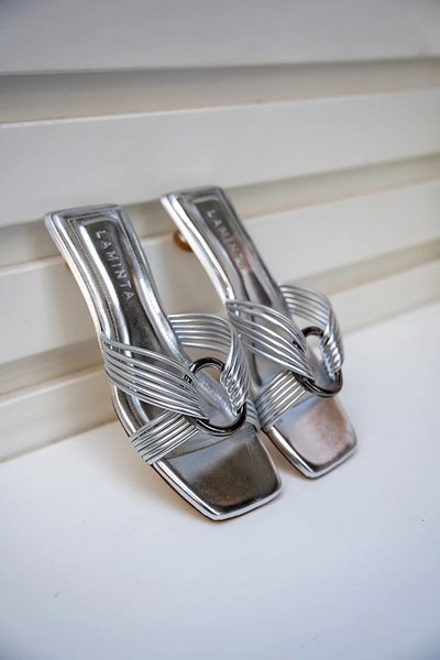 LAMİNTA 4cm Special Heeled Rosso Silver Women's Slippers - Ring Detail