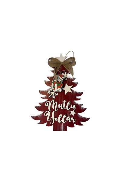 woodline Happy New Year Themed Pine Tree Shaped Wooden Door and Wall Decoration - Christmas Decor