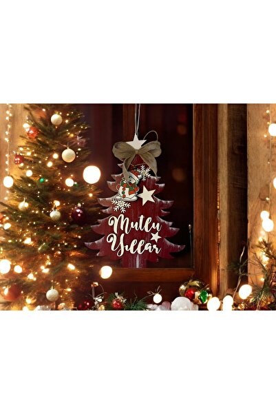 woodline Happy New Year Themed Pine Tree Shaped Wooden Door and Wall Decoration - Christmas Decor
