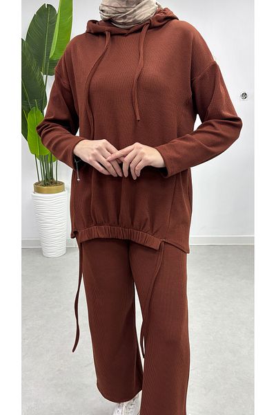 Tesettür Diyarı Women's Ribbed Hooded Double Suit - Brown