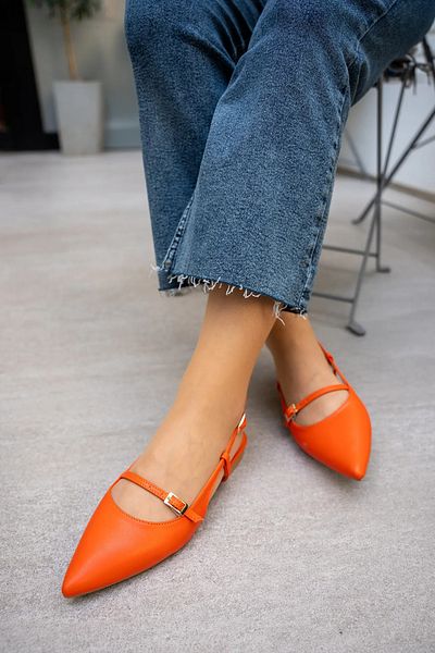 LAMİNTA Orange Pointed Toe Buckle and Belt Sezza Women's Ballerinas