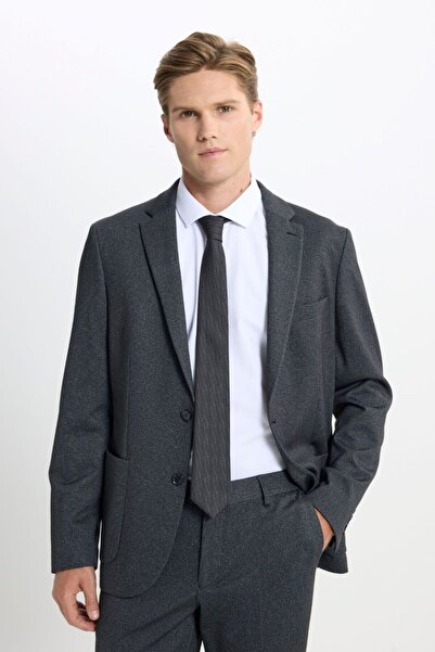 ALTINYILDIZ CLASSICS Yünlü Cordura Kumaş Slim Fit Dar Kesim Kırlangıç Yaka Desenli Kapak Cepli Antrasit Takım Elbise