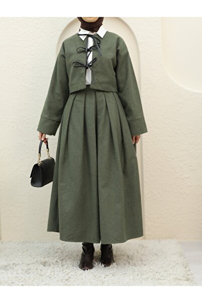 Modamorfo Pleated Skirt Front Tie Stitched Set - Khaki