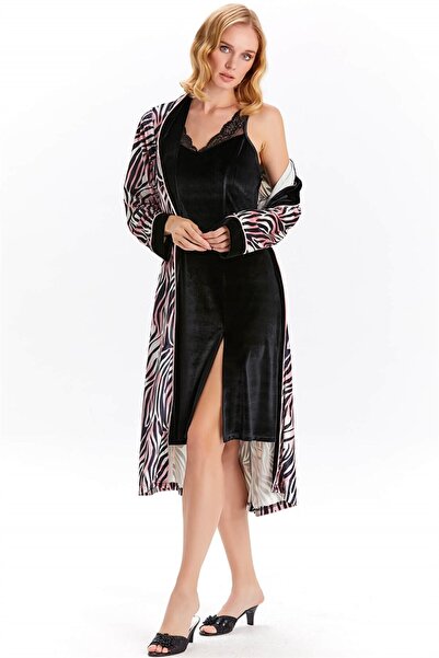 FLZ Kadın Kadife Sabahlıklı Gecelik Dantel Detaylı Fantazi 2li Set 32-247