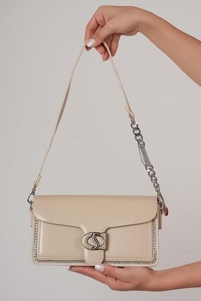 KRISTE BELL - Beige Leather Ds Buckle Crossbody Bag