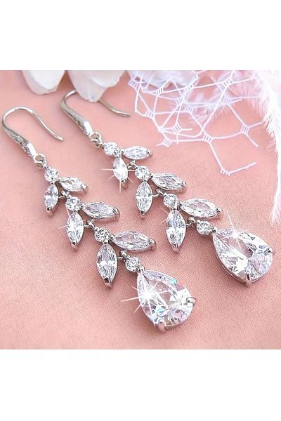 ER TAKI Silver Colored Stone Long Tassel Dangle Stylish Hook Engagement Henna Wedding Evening Dress Earrings