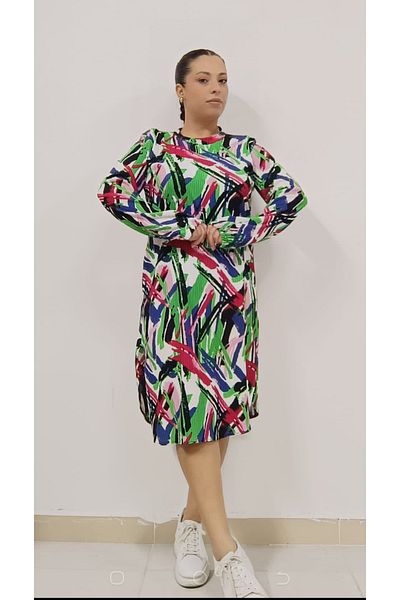 AKŞEN GİYİM Large Size Tesetture Suitable Flexible Burger Fabric Patterned Dress Tunic with Elastic Sleeves
