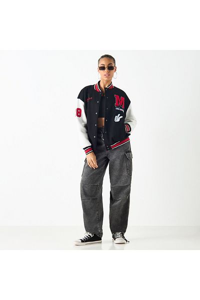 SP Characters Mickey Mouse Print Varsity Jacket With Applique Detail