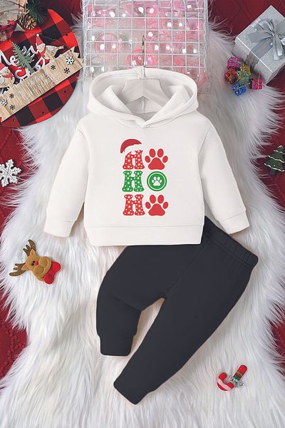 ADABEBEK Ho Ho Ho Paw Printed Hooded 2-Piece Baby Set - 23200