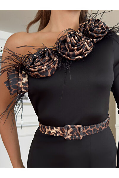 1Moda1Tarz Dámské černé šaty z importované látky s leopardím vzorem s leopardím vzorem a speciálním designem