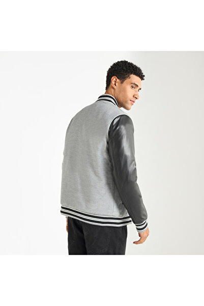 FAV Colourblock Embroidered Varsity Jacket with Button Closure and Long Sleeves